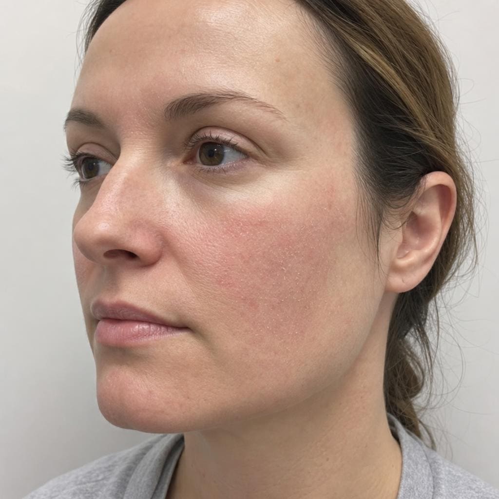 Close-up of over-treated irritated red facial skin showing sensitization