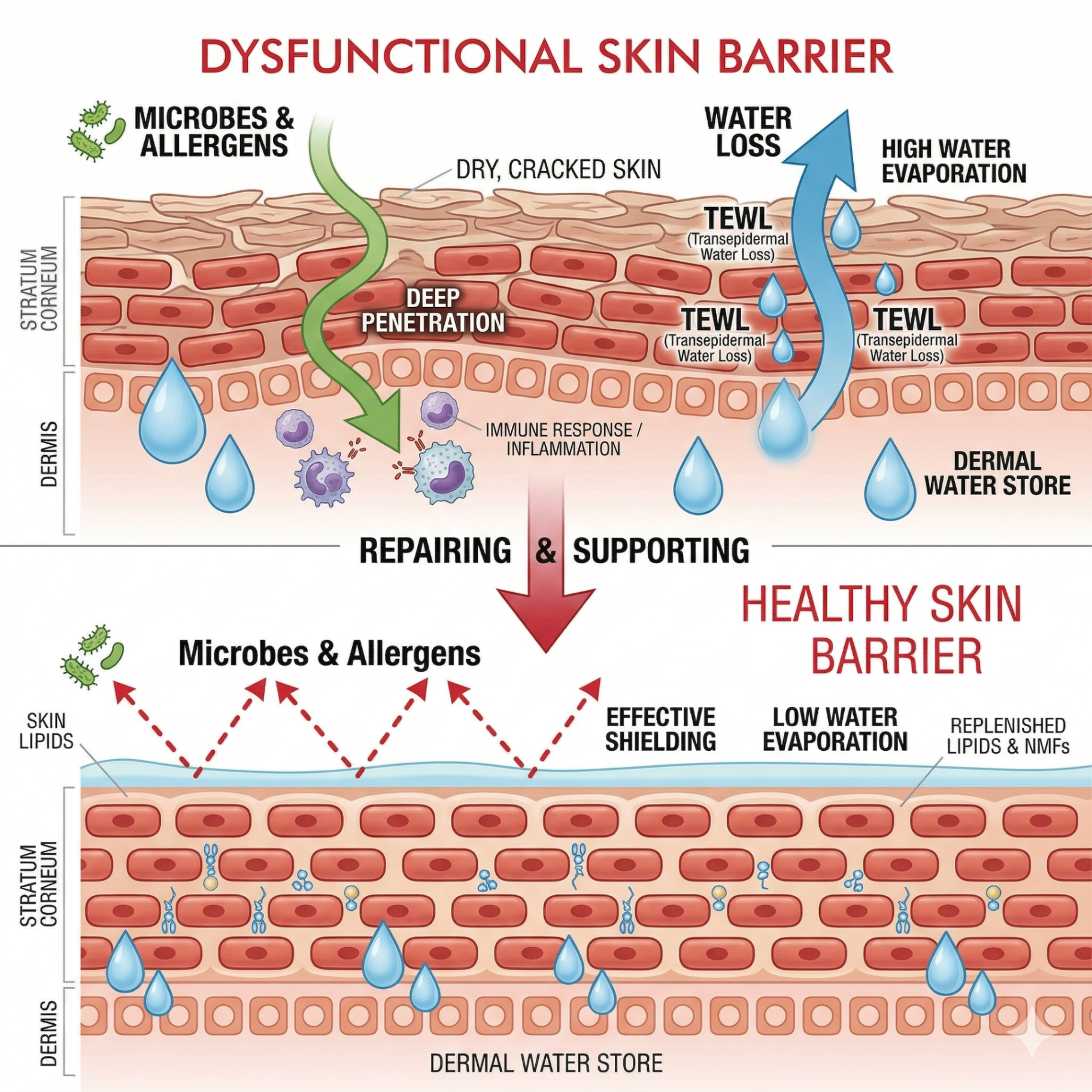 Brick-and-mortar model diagram showing corneocytes and lipid matrix of the skin barrier