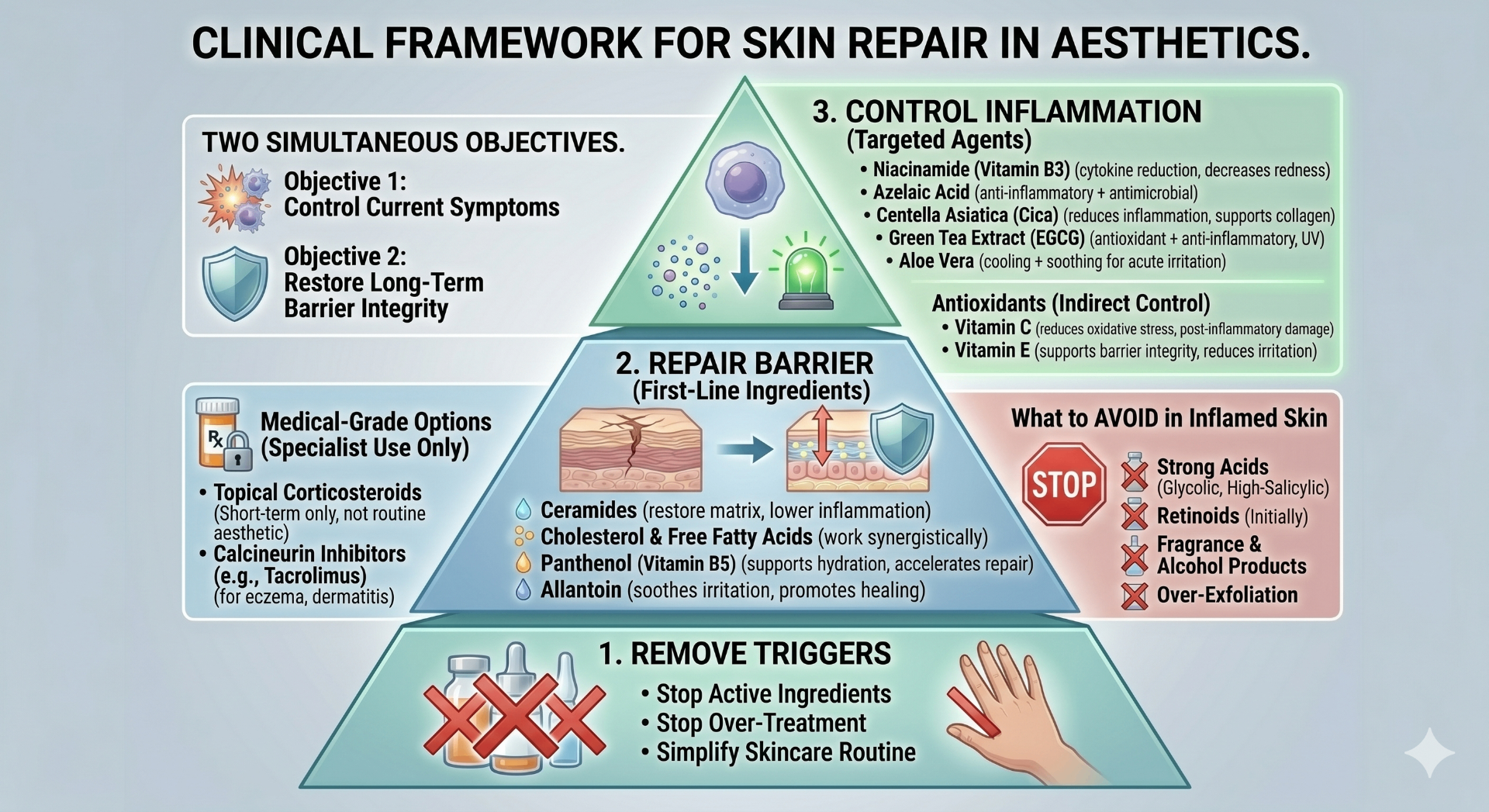 Clinical framework pyramid for skin repair in aesthetics: Remove Triggers, Repair Barrier, and Control Inflammation, with medical-grade options and ingredients to avoid
