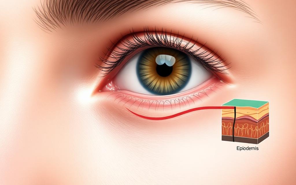 Close-up illustration of periocular anatomy showing thin skin layers around the eye