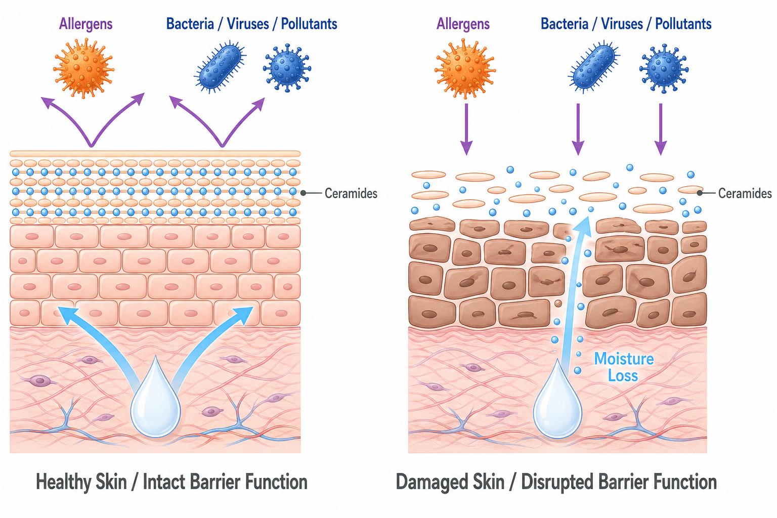 Cross-section illustration showing skin barrier disruption from microneedling, peels and laser