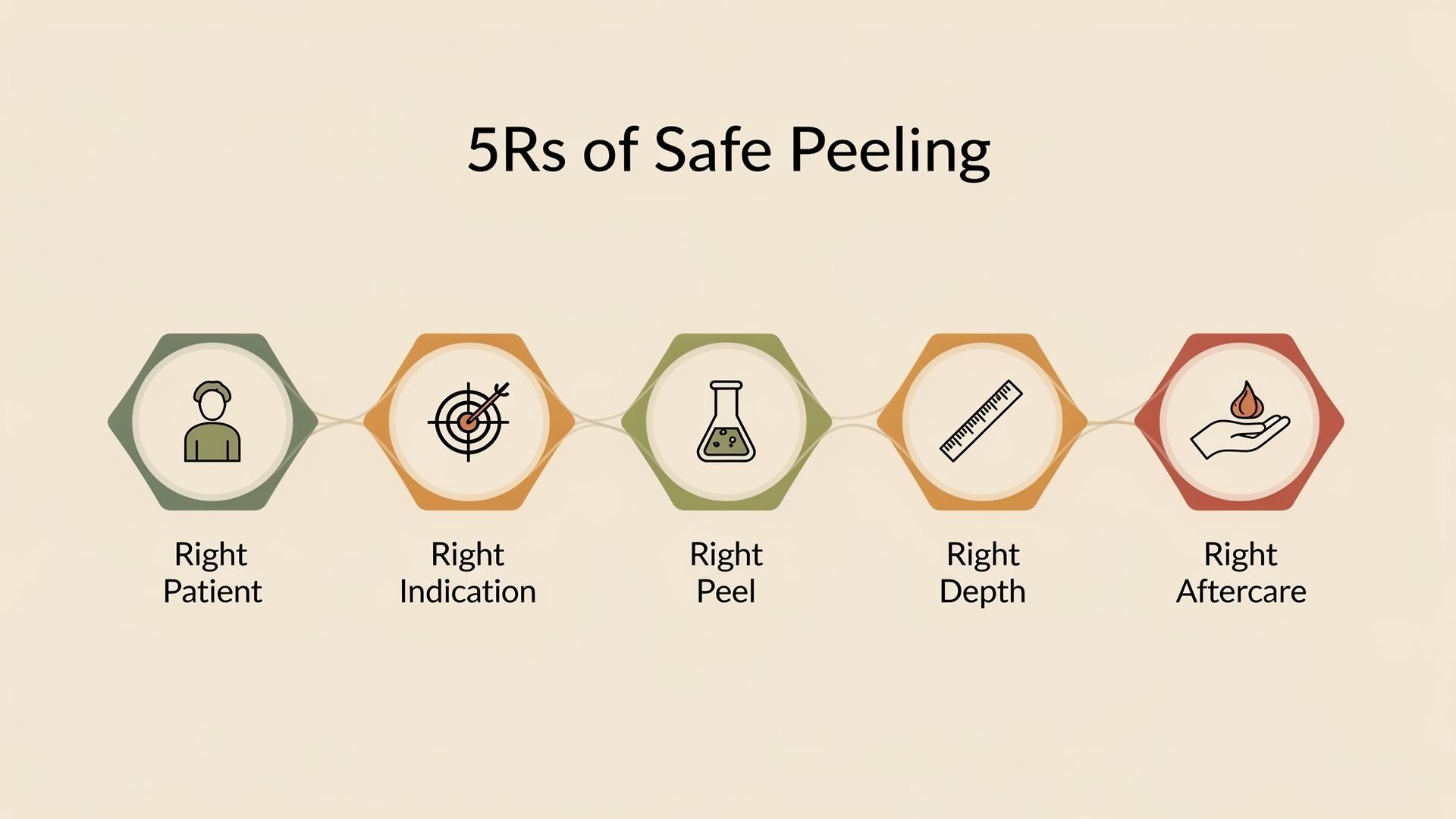 Five Rs of safe peeling framework showing right patient, indication, peel, depth and aftercare