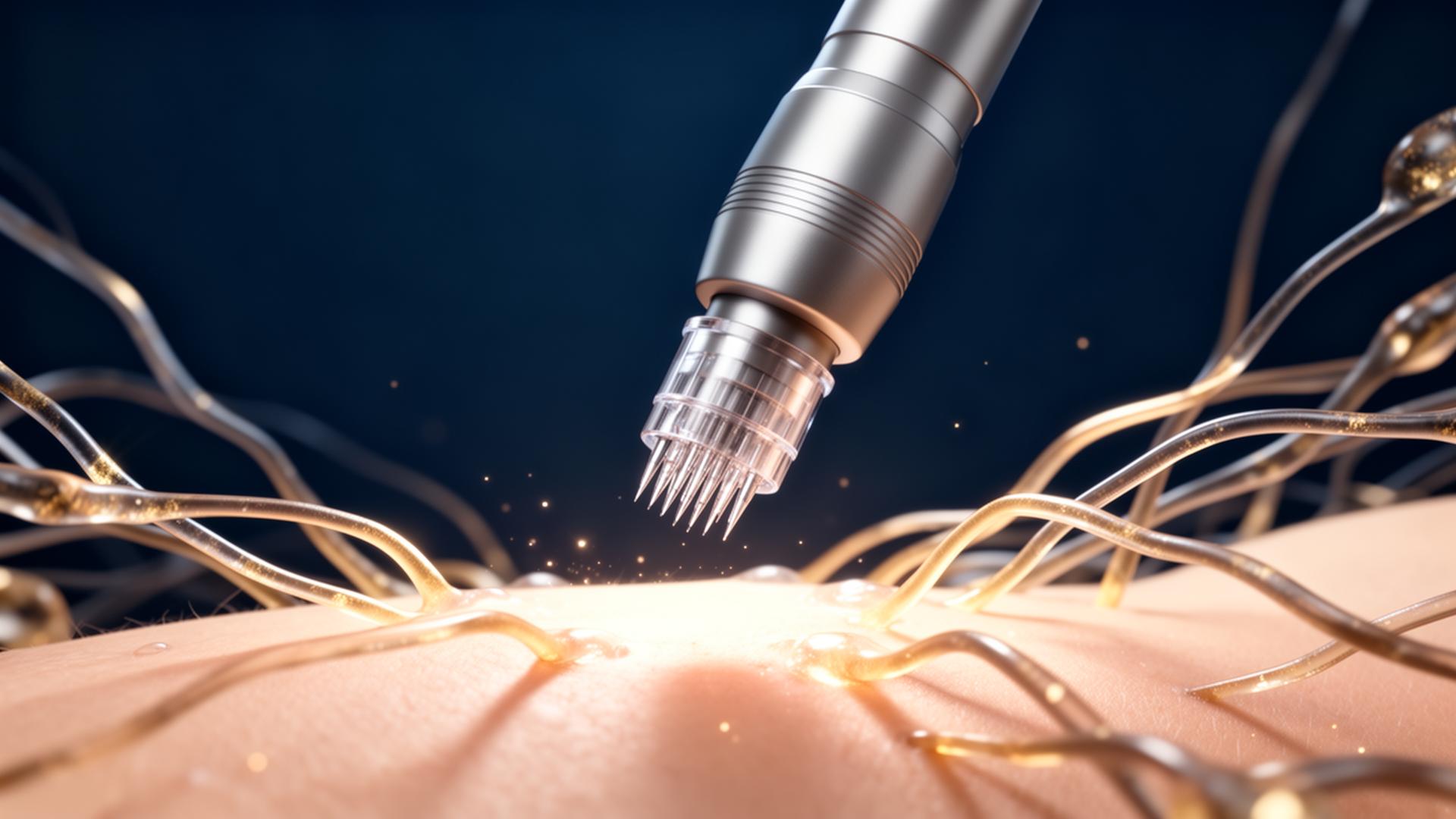 High-end render of a microneedling pen above luminous skin with regenerating collagen fibres