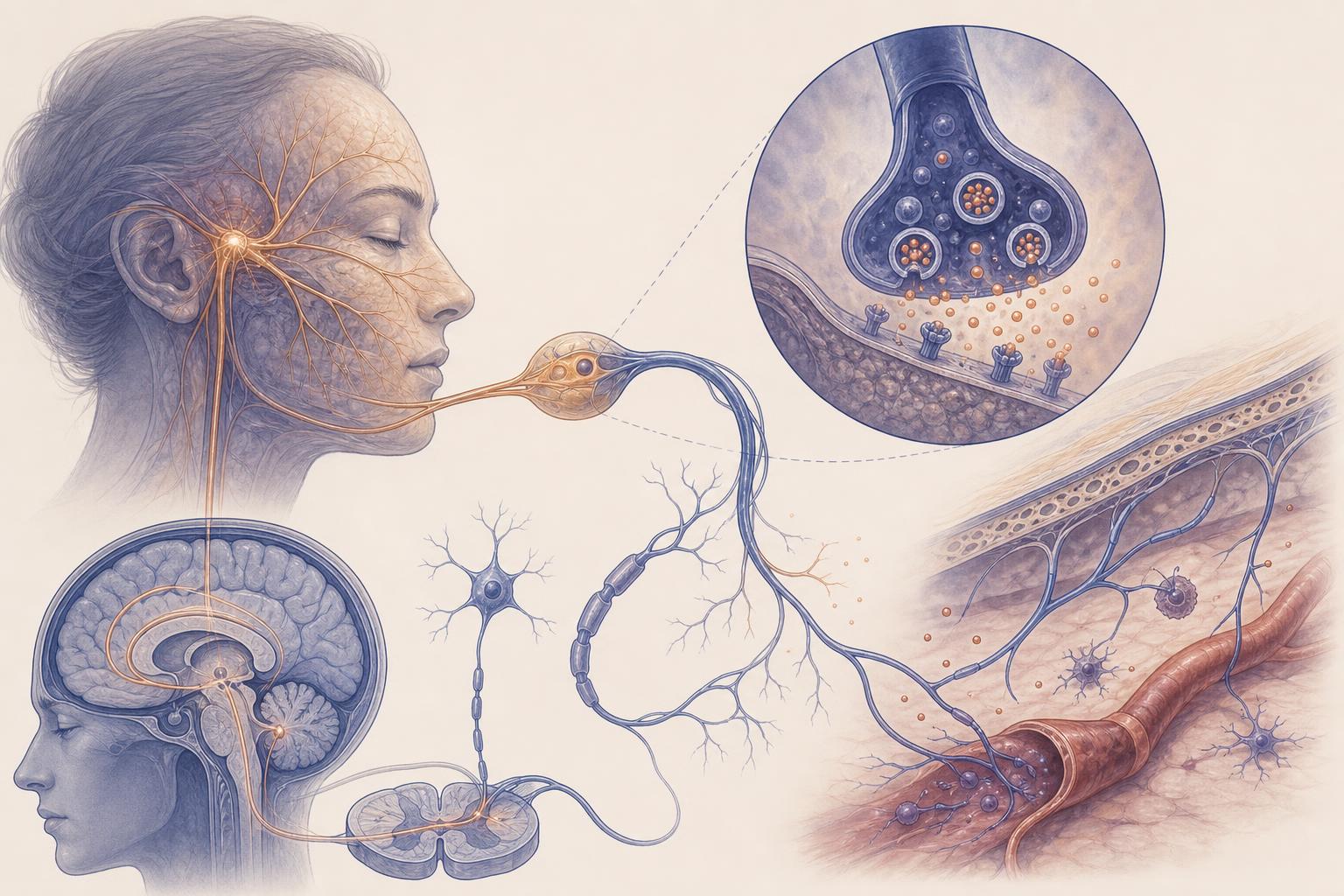 Trigeminovascular pathway illustration showing CGRP release at peripheral nerve endings, the proposed mechanism by which botulinum toxin reduces migraine frequency