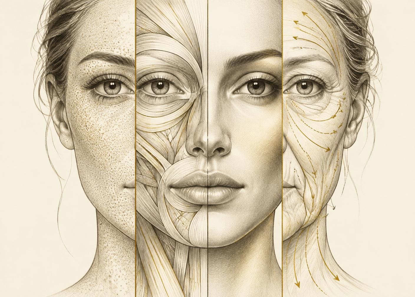 One face drawn four ways: skin texture, muscle movement, volume and sagging vectors