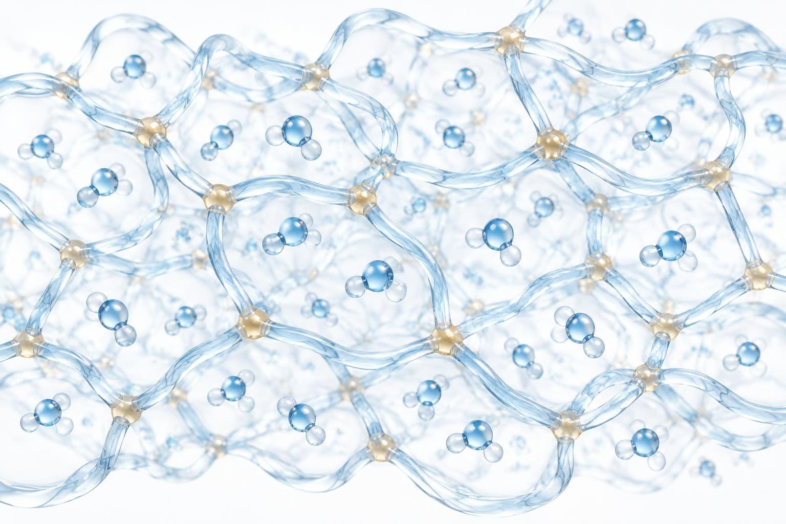 Conceptual hydrated hyaluronic acid polymer network with crosslinks and retained water