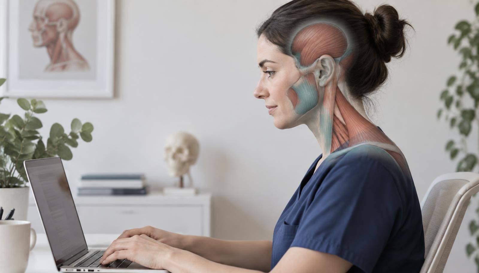 Educational illustration of laptop use with jaw and cervical muscle anatomy; not actual patient imaging