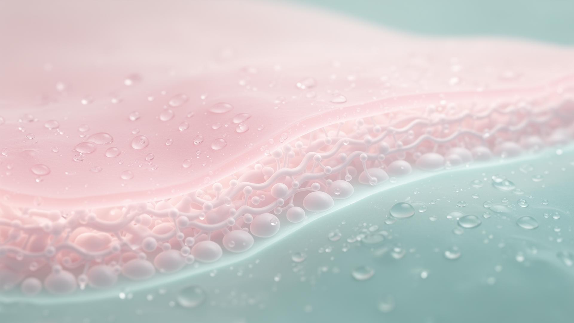 Soft 3D render of a fragile skin barrier with hydrating droplets representing sensitive skin repair