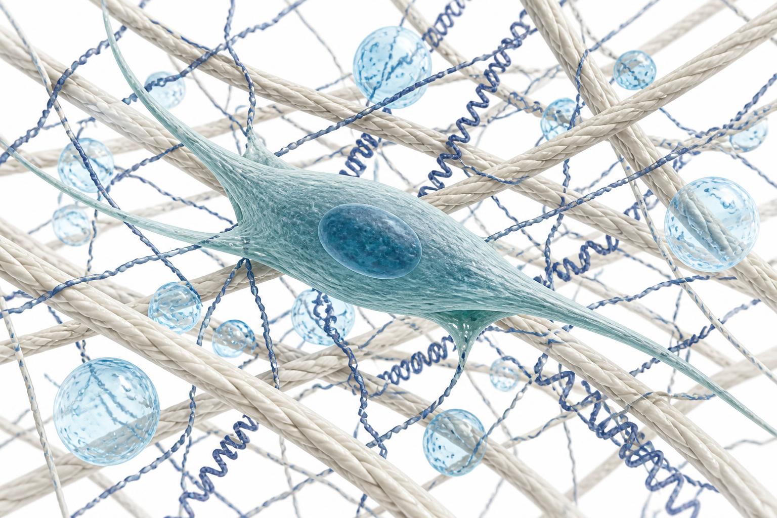 Illustration of a spindle-shaped dermal fibroblast embedded in a woven lattice of collagen fibres and coiled elastin, surrounded by translucent hyaluronic acid spheres
