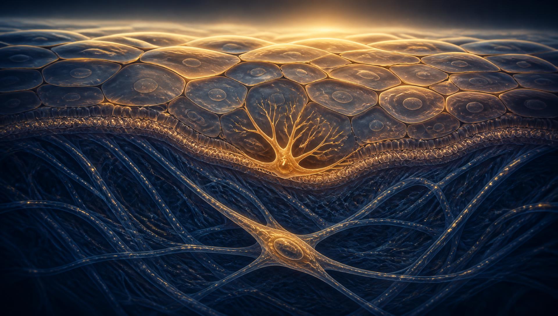 Luminous cross-section illustration of human skin showing a star-shaped fibroblast deep in the collagen lattice, a branching dendritic melanocyte at the dermo-epidermal junction, and layered keratinocytes forming the surface