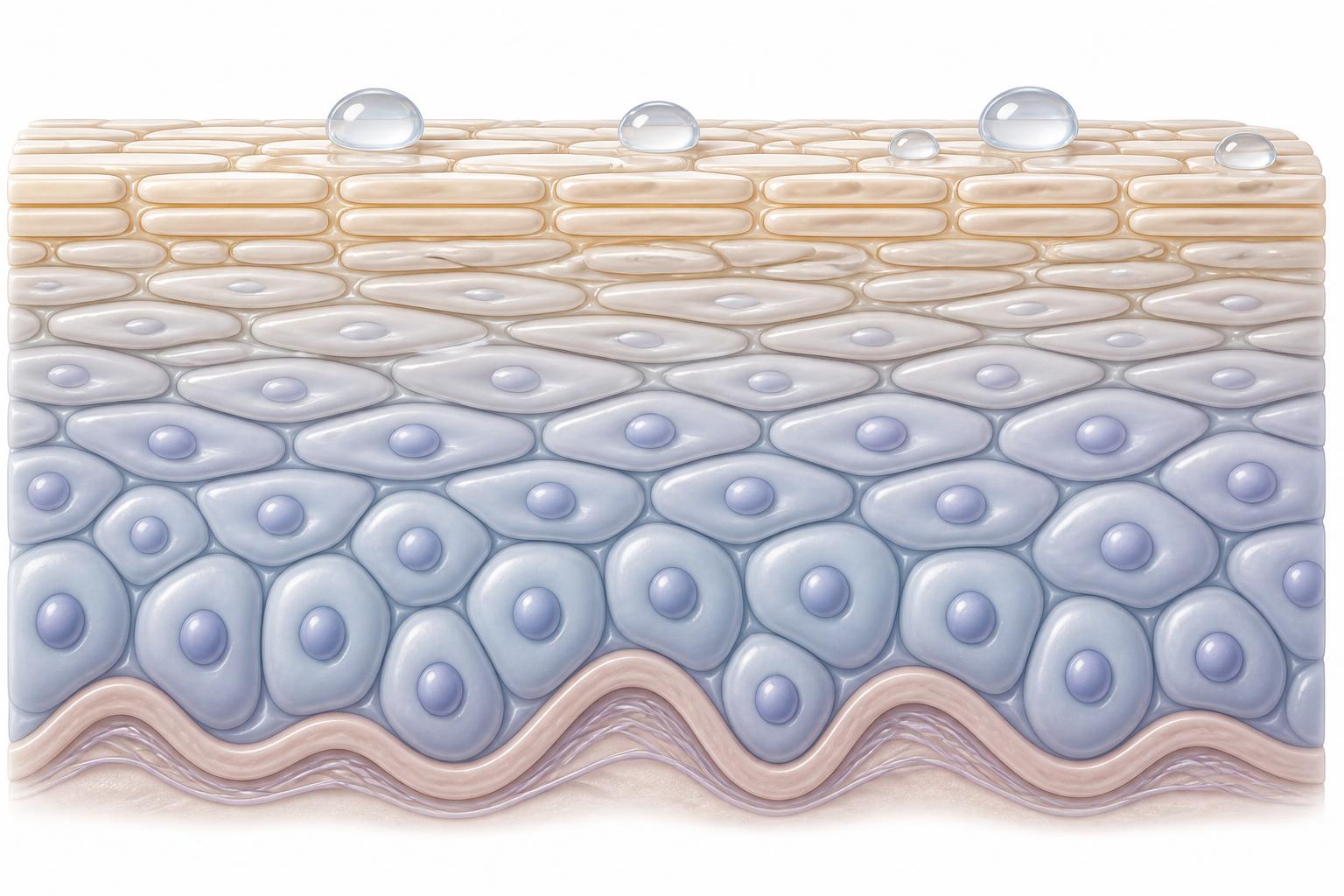 Illustration of keratinocyte maturation showing rounded basal cells flattening as they migrate upward into a brick-like stratum corneum, with water droplets held at the surface