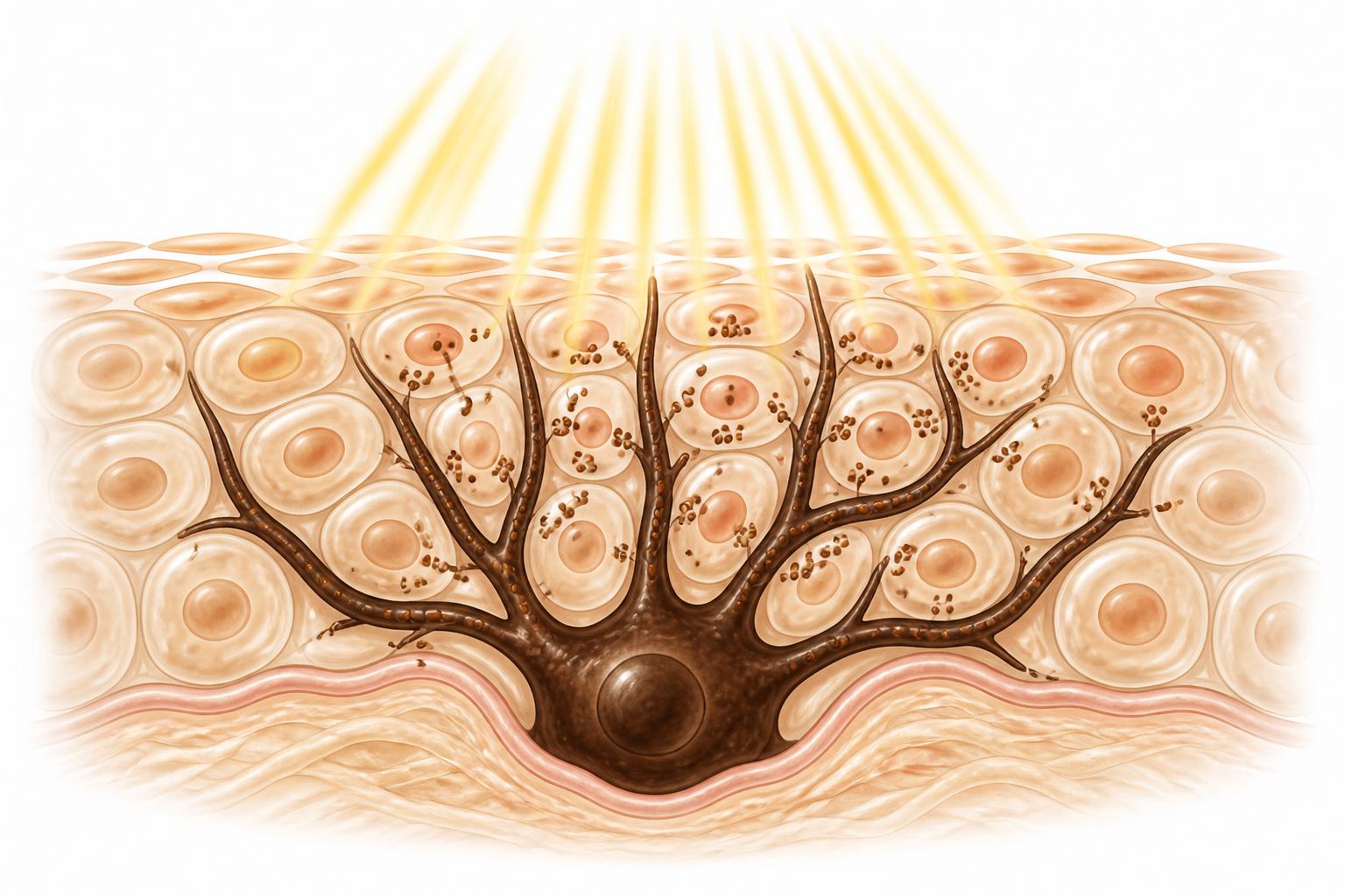 Illustration of a dendritic melanocyte at the base of the epidermis passing pigment granules through its branching arms into surrounding keratinocytes, with ultraviolet rays descending from above