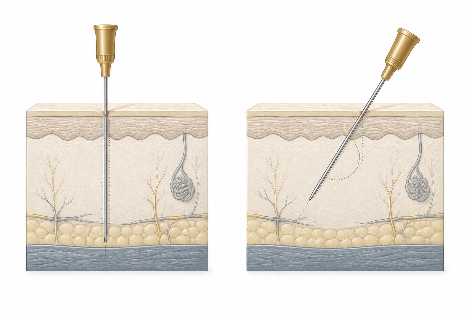 Side-by-side diagram of two identical skin cross-sections showing a needle entering at ninety degrees reaching a deep plane, and the same entry point at forty-five degrees reaching a different, more superficial plane