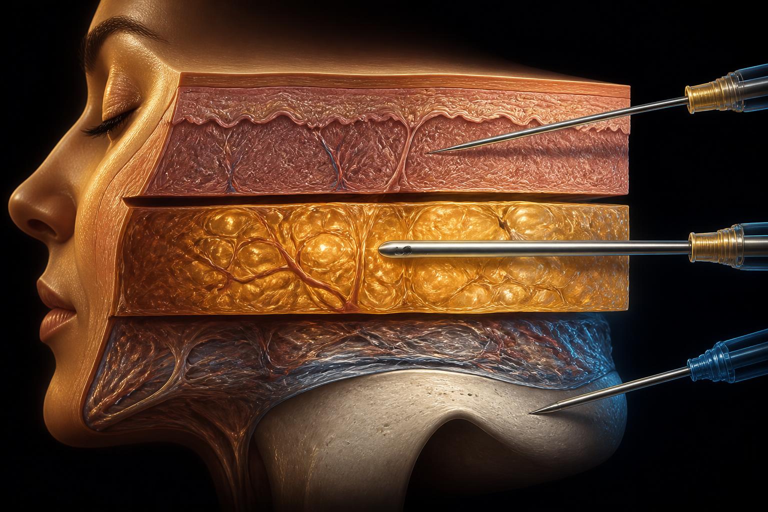 Cross-section illustration of facial soft tissue showing a needle in the dermis, a blunt cannula travelling through the subcutaneous fat, and a needle resting on the periosteum