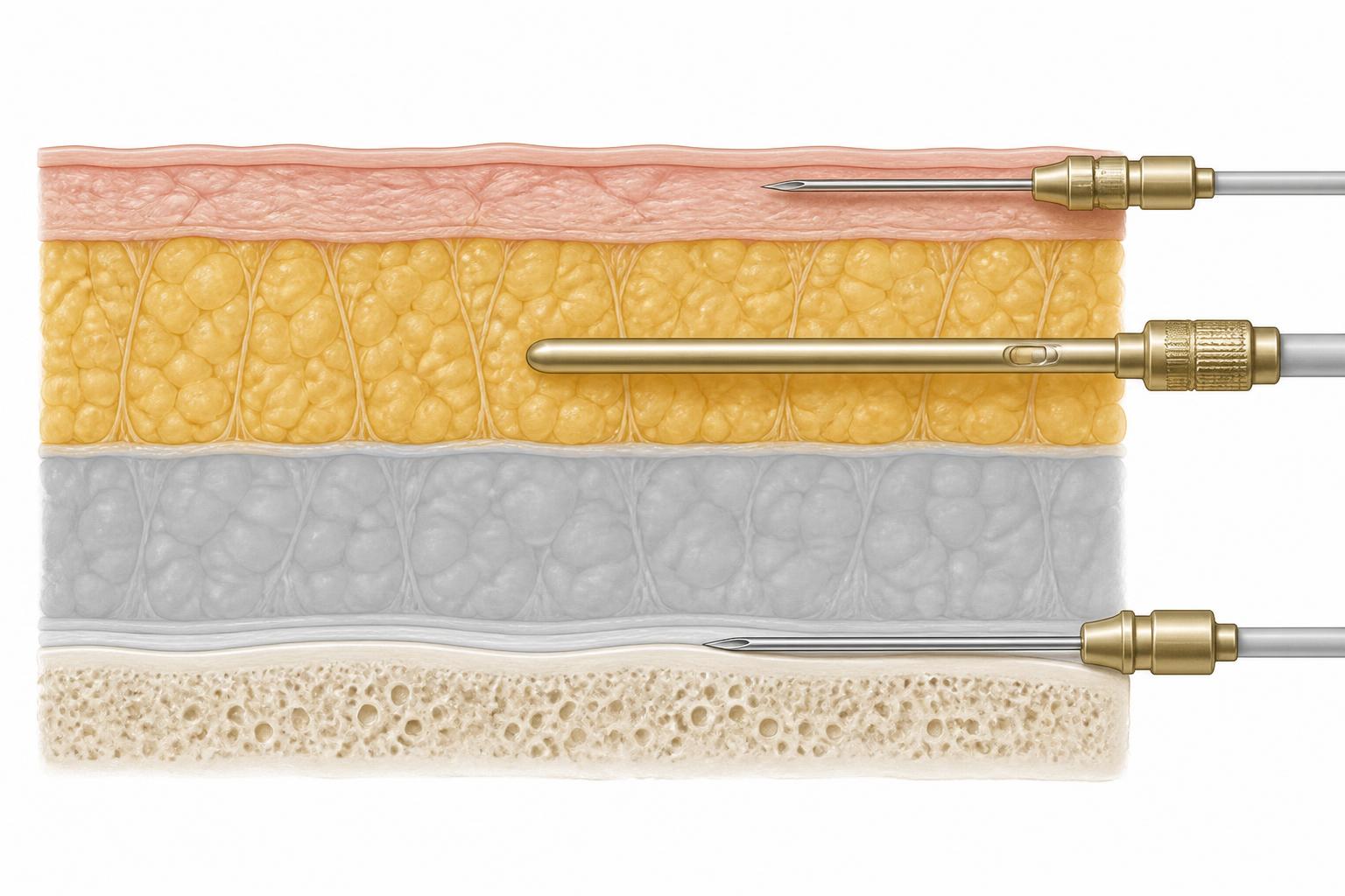Diagram of stacked facial soft-tissue planes: a needle in the pink dermis, a blunt cannula travelling through the golden subcutaneous fat, a greyed-out deep fat layer indicating it is not a routine target, and a needle resting on bone