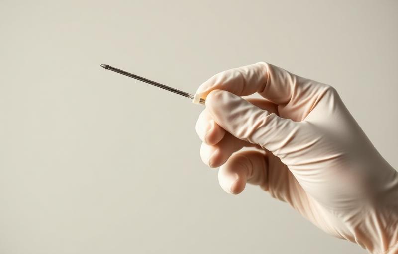 Gloved clinician hand holding a fine cannula