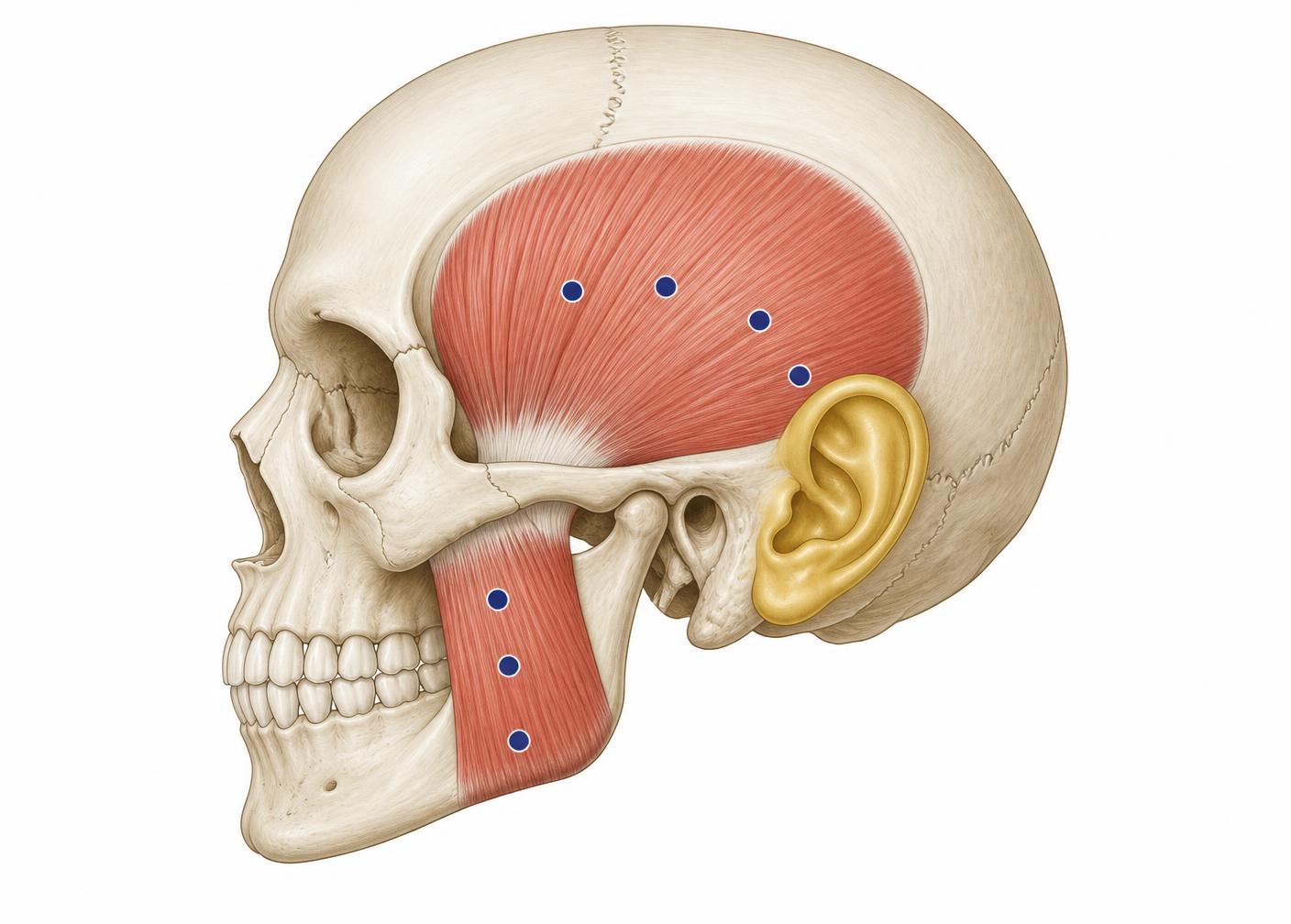 Lateral skull illustration showing the temporalis and masseter muscles with schematic botulinum toxin injection points marked adjacent to the external ear