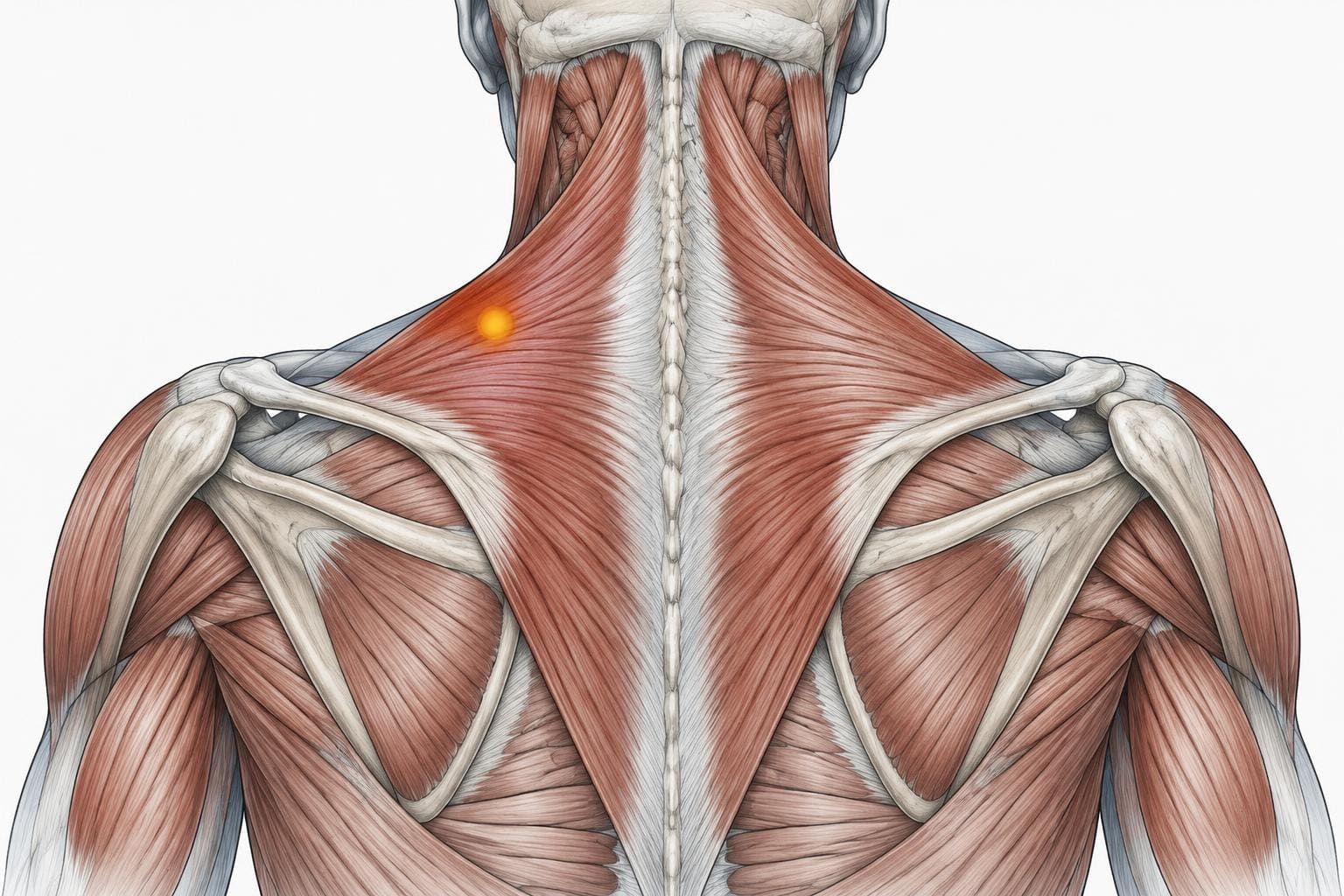 Posterior anatomical view of the shoulder girdle and upper trapezius with a representative trigger-point region highlighted