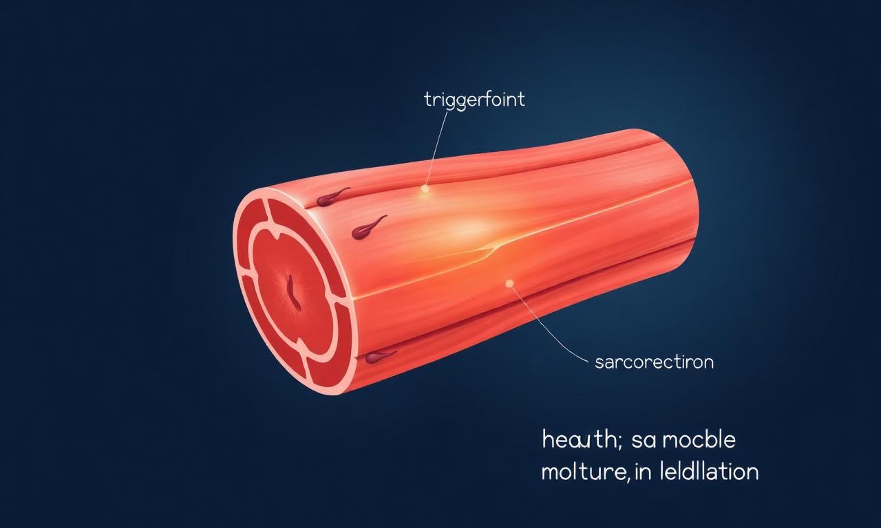 Anatomical illustration of a trigger point within muscle fibres showing taut band and dysfunctional motor endplate