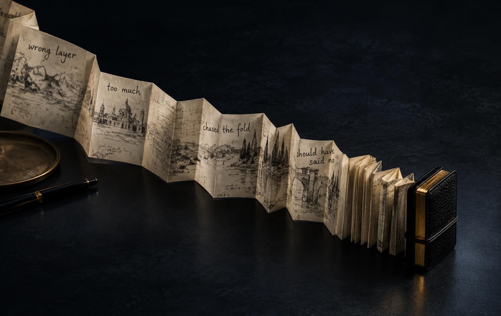 Concertina timeline of handwritten clinical mistakes folding into a small black notebook
