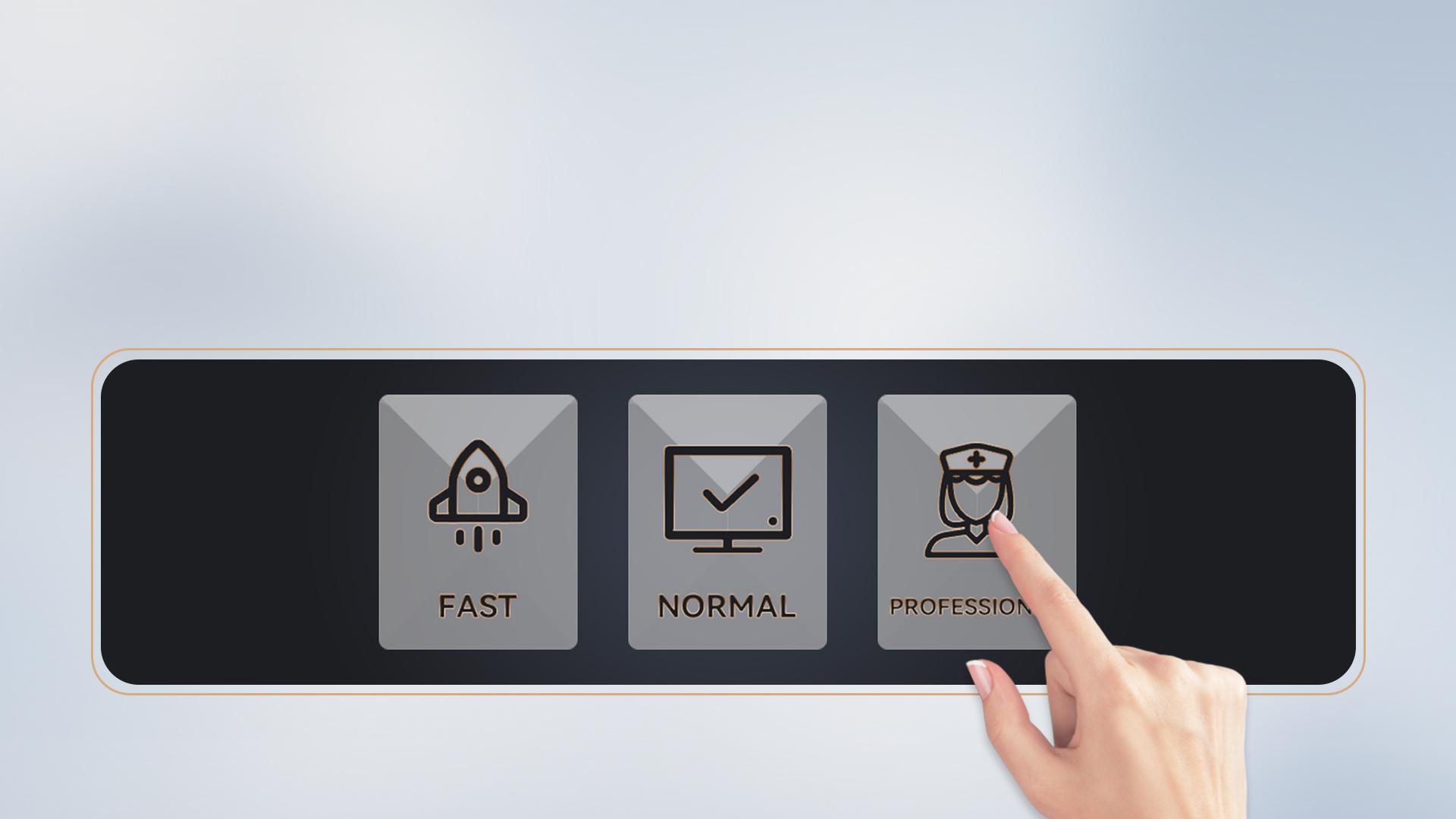 Zephyra 12-inch intelligent touchscreen interface with Normal, Professional, and Fast treatment modes